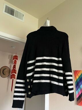 Black and White Striped Turtleneck Sweater